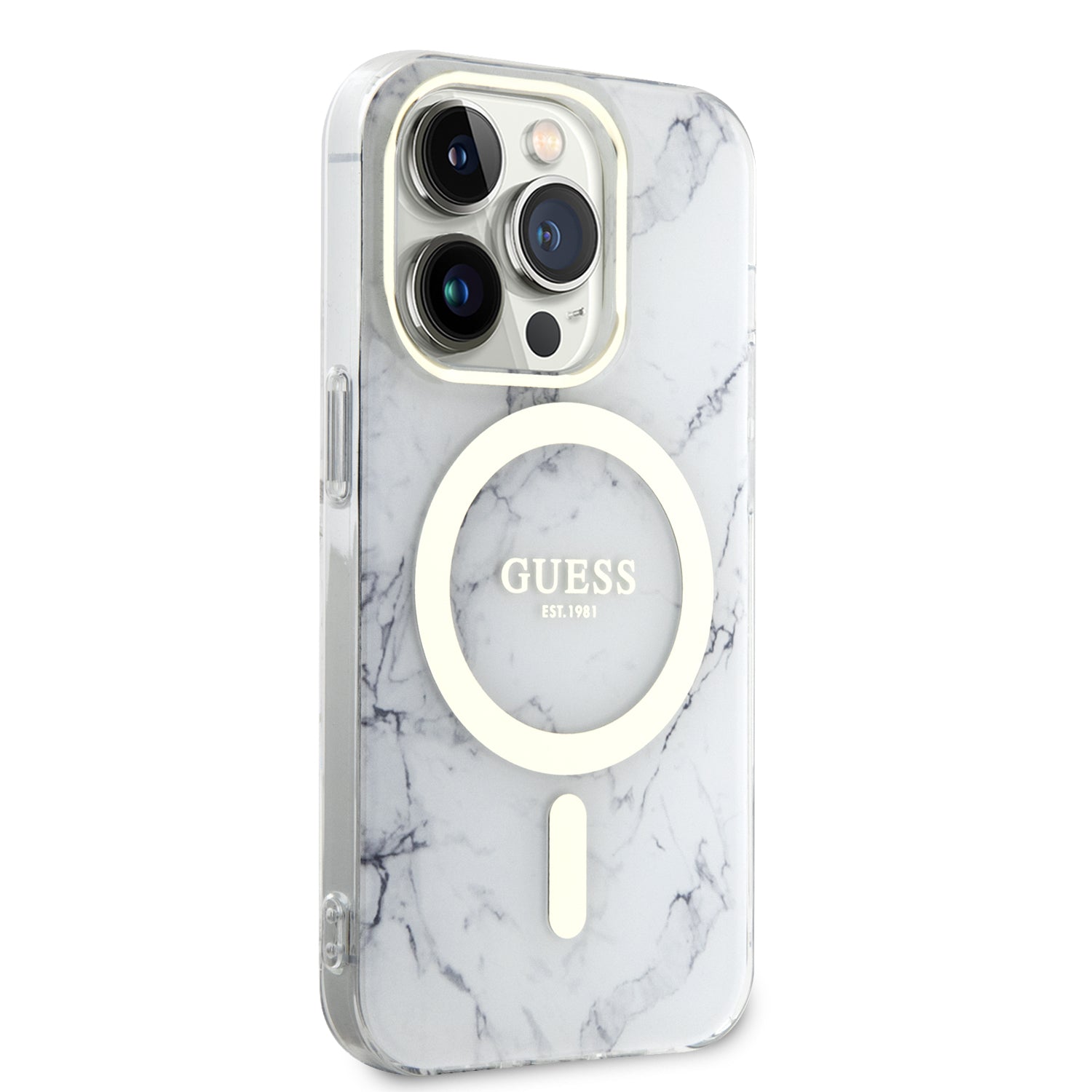 Apple iPhone 14 Pro Kılıf Guess Magsafe Şarj Özellikli Mermer Desenli Kapak Beyaz