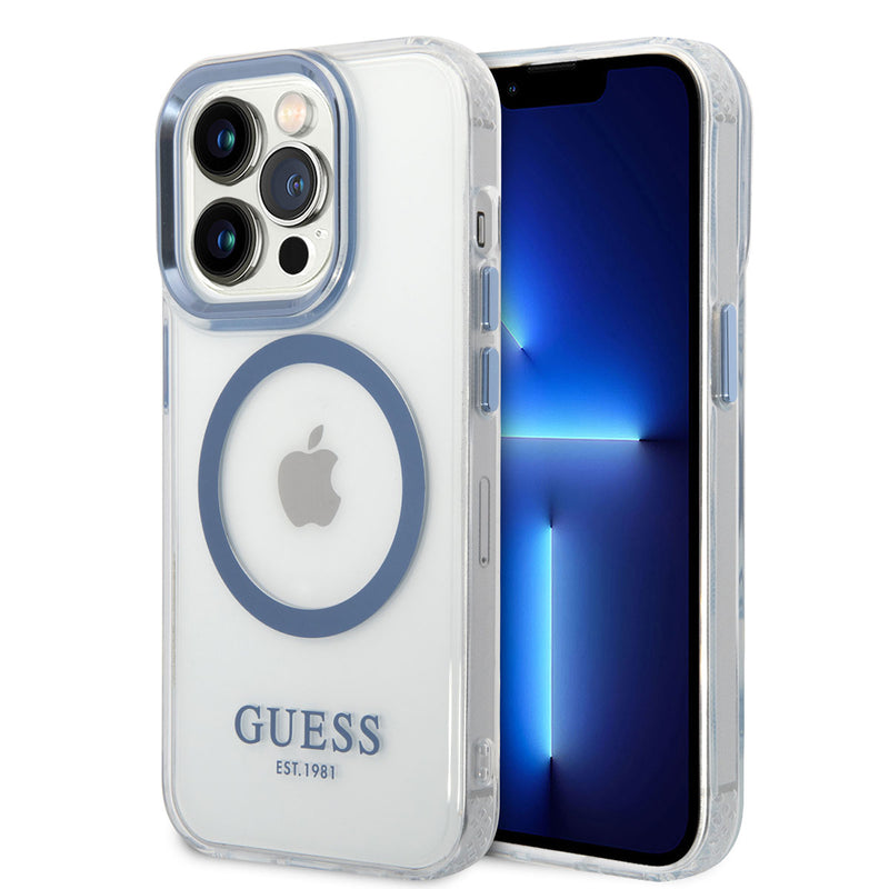 Apple iPhone 14 Pro Max Kılıf Guess Magsafe Şarj Özellikli Metal Kamera Çerçeveli Kapak Mavi