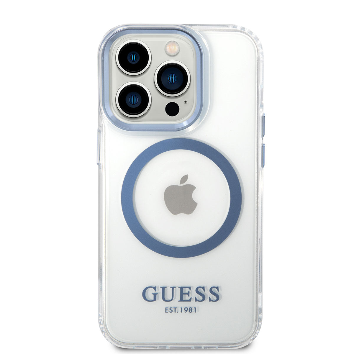 Apple iPhone 14 Pro Max Kılıf Guess Magsafe Şarj Özellikli Metal Kamera Çerçeveli Kapak Mavi