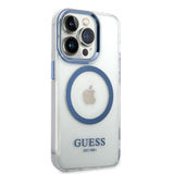 Apple iPhone 14 Pro Max Kılıf Guess Magsafe Şarj Özellikli Metal Kamera Çerçeveli Kapak Mavi
