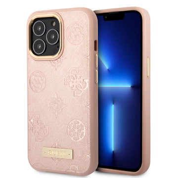 Apple iPhone 14 Pro Max Kılıf Guess Magsafe Şarj Özellikli PU Deri Metal Logolu Kapak Pembe