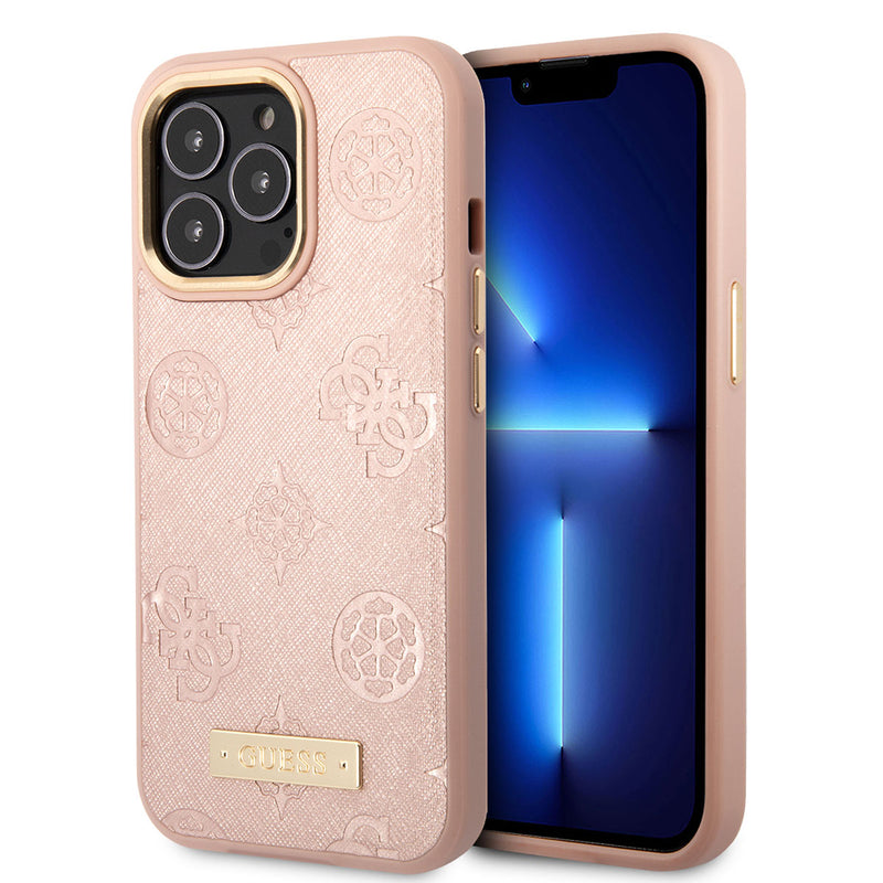 Apple iPhone 14 Pro Kılıf Guess Magsafe Şarj Özellikli PU Deri Metal Logolu Kapak Pembe