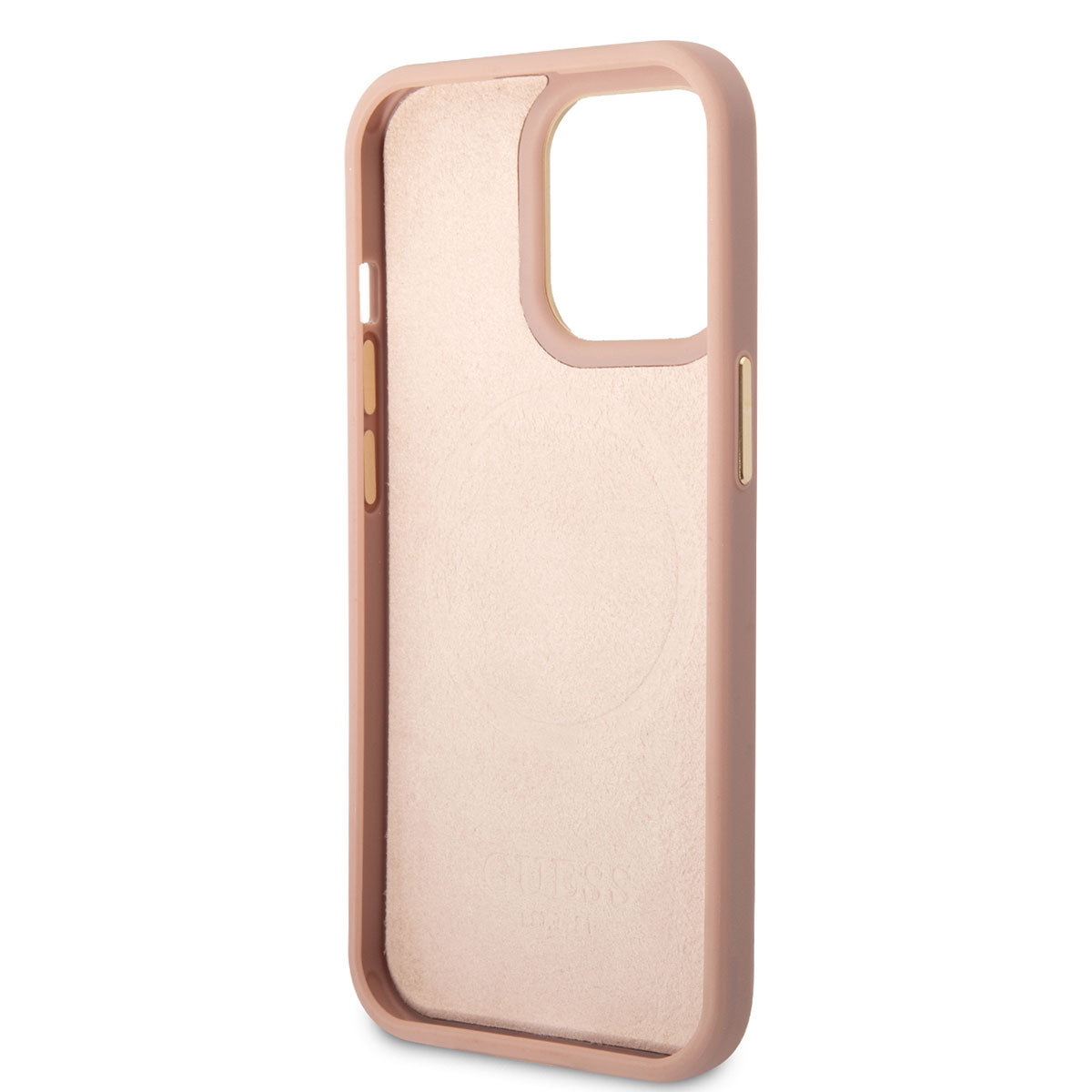 Apple iPhone 14 Pro Max Kılıf Guess Magsafe Şarj Özellikli PU Deri Metal Logolu Kapak Pembe