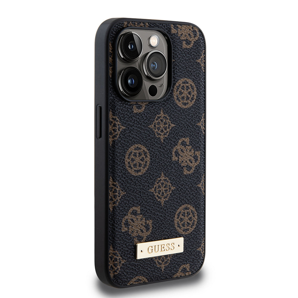 Apple iPhone 14 Pro Kılıf Guess Magsafe Şarj Özellikli PU Metal Logolu Kapak Siyah