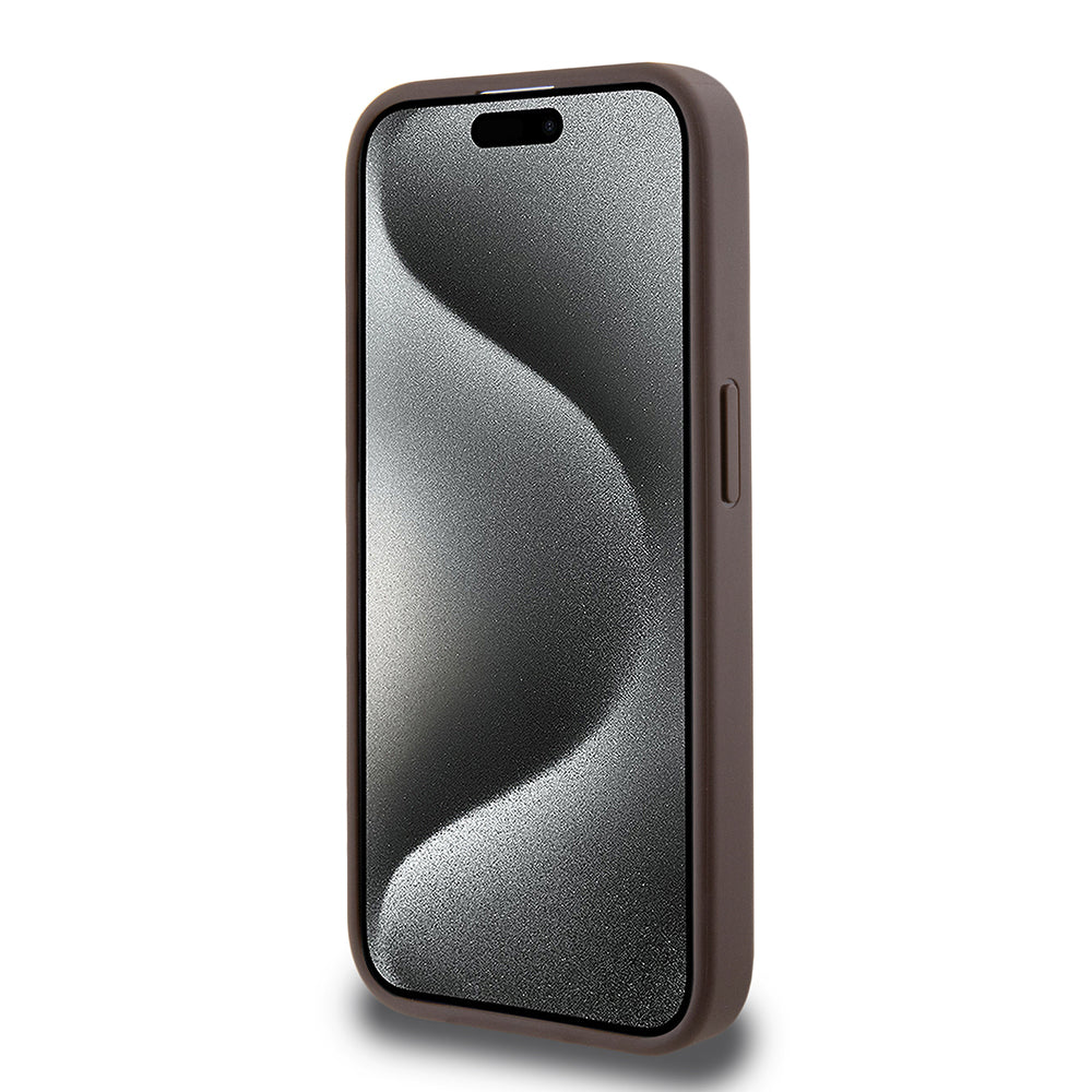 Apple iPhone 14 Pro Max Kılıf Guess Magsafe Şarj Özellikli PU Üçgen Logolu 4G Desenli Kapak Kahverengi