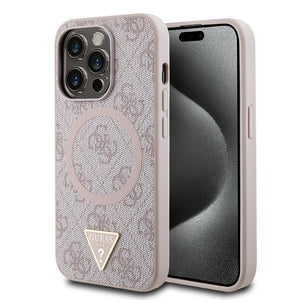 Apple iPhone 14 Pro Max Kılıf Guess Magsafe Şarj Özellikli PU Üçgen Logolu 4G Desenli Kapak Pembe