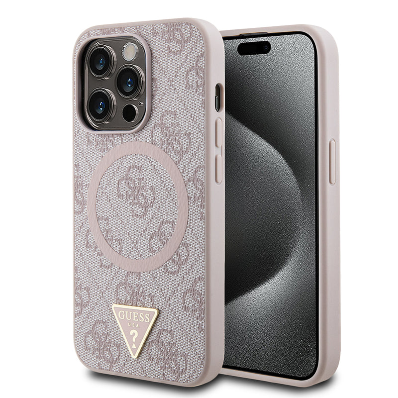 Apple iPhone 14 Pro Max Kılıf Guess Magsafe Şarj Özellikli PU Üçgen Logolu 4G Desenli Kapak Pembe