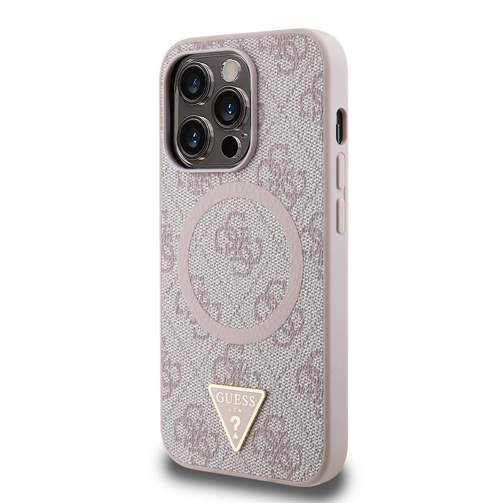 Apple iPhone 14 Pro Max Kılıf Guess Magsafe Şarj Özellikli PU Üçgen Logolu 4G Desenli Kapak Pembe