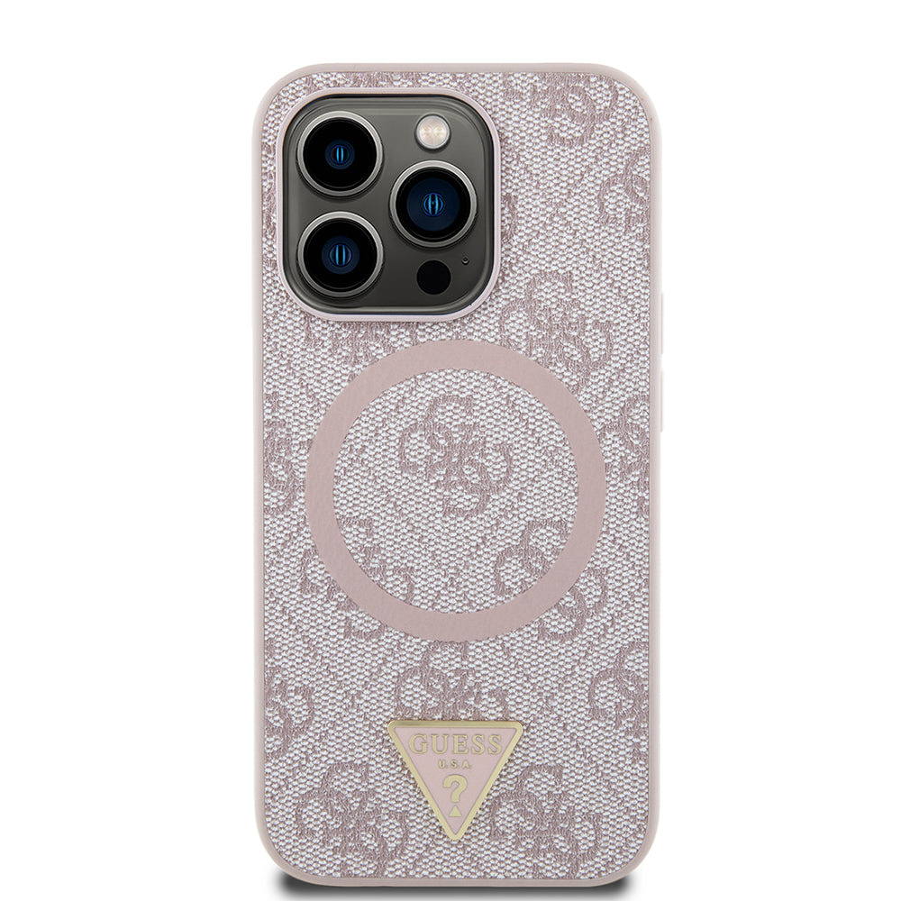Apple iPhone 14 Pro Max Kılıf Guess Magsafe Şarj Özellikli PU Üçgen Logolu 4G Desenli Kapak Pembe