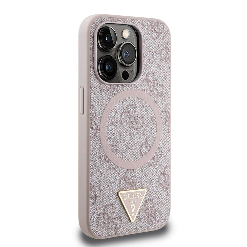 Apple iPhone 14 Pro Max Kılıf Guess Magsafe Şarj Özellikli PU Üçgen Logolu 4G Desenli Kapak Pembe