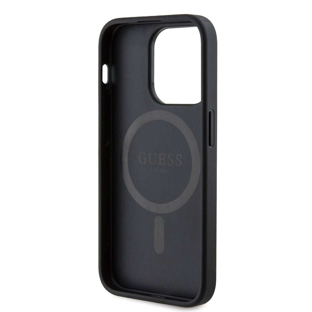 Apple iPhone 14 Pro Max Kılıf Guess Magsafe Şarj Özellikli PU Üçgen Logolu 4G Desenli Kapak Siyah