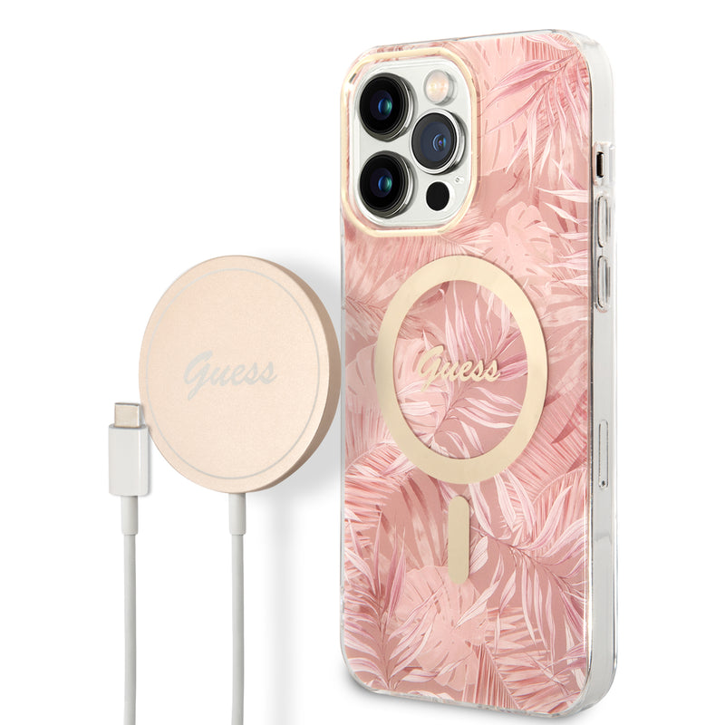 Apple iPhone 14 Pro Max Kılıf Guess Magsafe Şarj Özellikli Yaprak Desenli Magsafe Şarj Kablolu Kapak Pembe