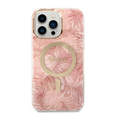 Apple iPhone 14 Pro Max Kılıf Guess Magsafe Şarj Özellikli Yaprak Desenli Magsafe Şarj Kablolu Kapak Pembe
