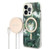 Apple iPhone 14 Pro Max Kılıf Guess Magsafe Şarj Özellikli Yaprak Desenli Magsafe Şarj Kablolu Kapak Yeşil