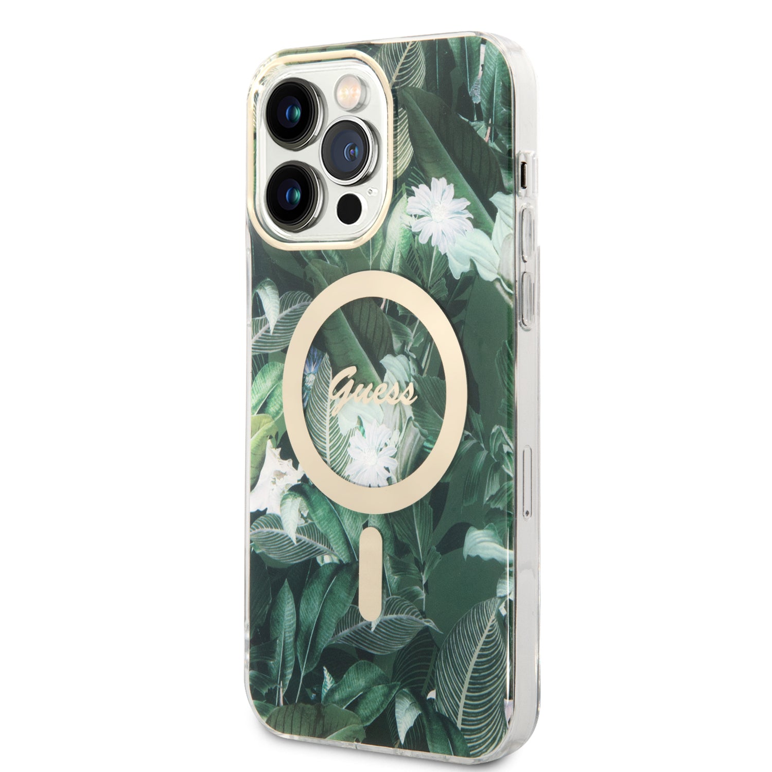 Apple iPhone 14 Pro Max Kılıf Guess Magsafe Şarj Özellikli Yaprak Desenli Magsafe Şarj Kablolu Kapak Yeşil