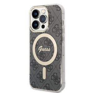 Apple iPhone 14 Pro Max Kılıf Guess Magsafe Şarj Özellikli Yazı Logolu 4G Desenli Kapak Siyah