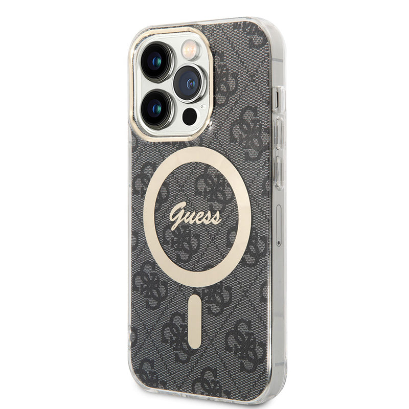 Apple iPhone 14 Pro Max Kılıf Guess Magsafe Şarj Özellikli Yazı Logolu 4G Desenli Kapak Siyah