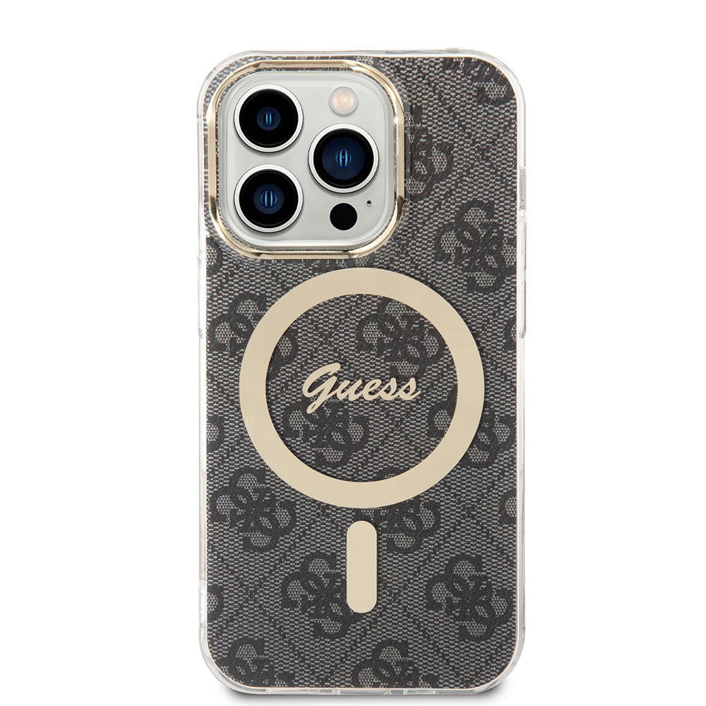Apple iPhone 14 Pro Max Kılıf Guess Magsafe Şarj Özellikli Yazı Logolu 4G Desenli Kapak Siyah