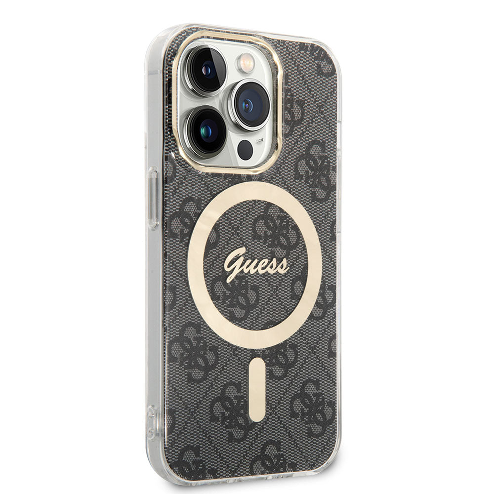Apple iPhone 14 Pro Max Kılıf Guess Magsafe Şarj Özellikli Yazı Logolu 4G Desenli Kapak Siyah