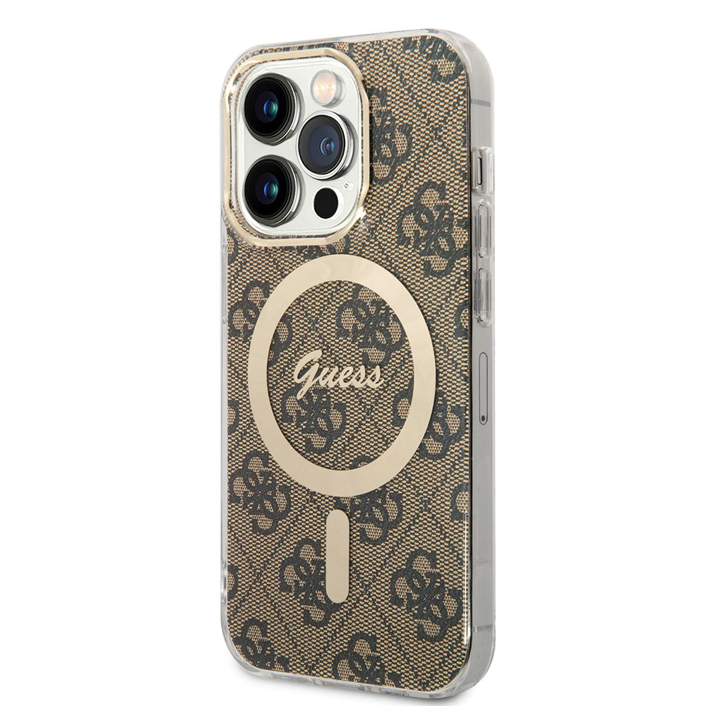 Apple iPhone 14 Pro Max Kılıf Guess Magsafe Şarj Özellikli Yazı Logolu 4G Desenli Kapak Kahverengi