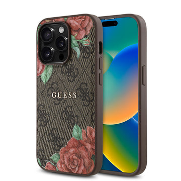 Apple iPhone 14 Pro Max Kılıf Guess Magsafe Uyumlu Gül Baskılı ve 4G Desenli Kapak Kahverengi