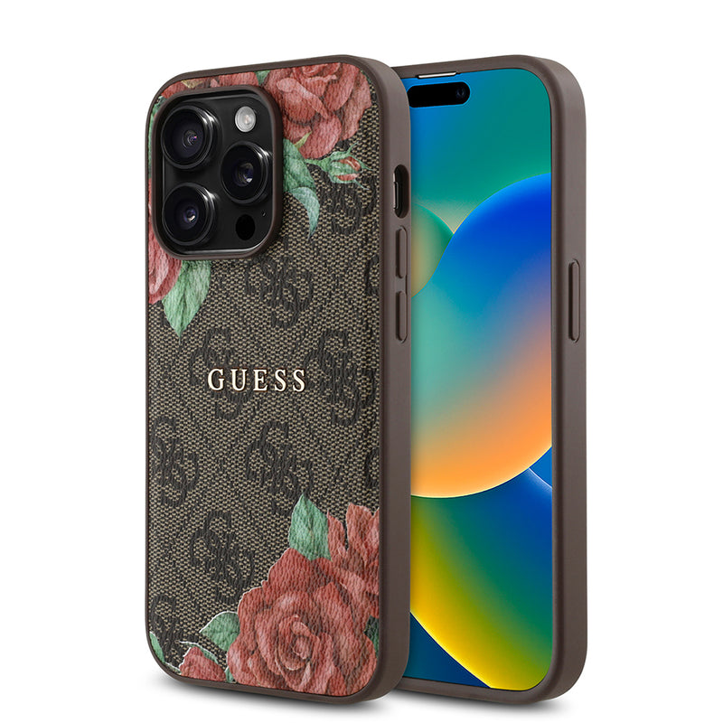 Apple iPhone 14 Pro Kılıf Guess Magsafe Uyumlu Gül Baskılı ve 4G Desenli Kapak Kahverengi