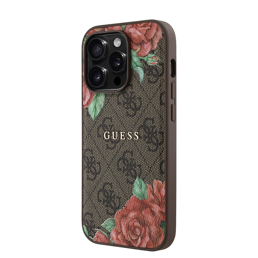 Apple iPhone 14 Pro Max Kılıf Guess Magsafe Uyumlu Gül Baskılı ve 4G Desenli Kapak Kahverengi