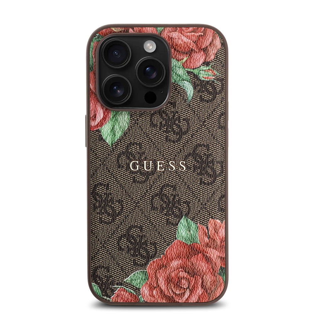Apple iPhone 14 Pro Max Kılıf Guess Magsafe Uyumlu Gül Baskılı ve 4G Desenli Kapak Kahverengi