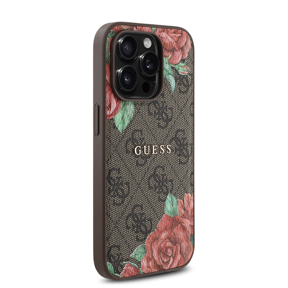 Apple iPhone 14 Pro Max Kılıf Guess Magsafe Uyumlu Gül Baskılı ve 4G Desenli Kapak Kahverengi