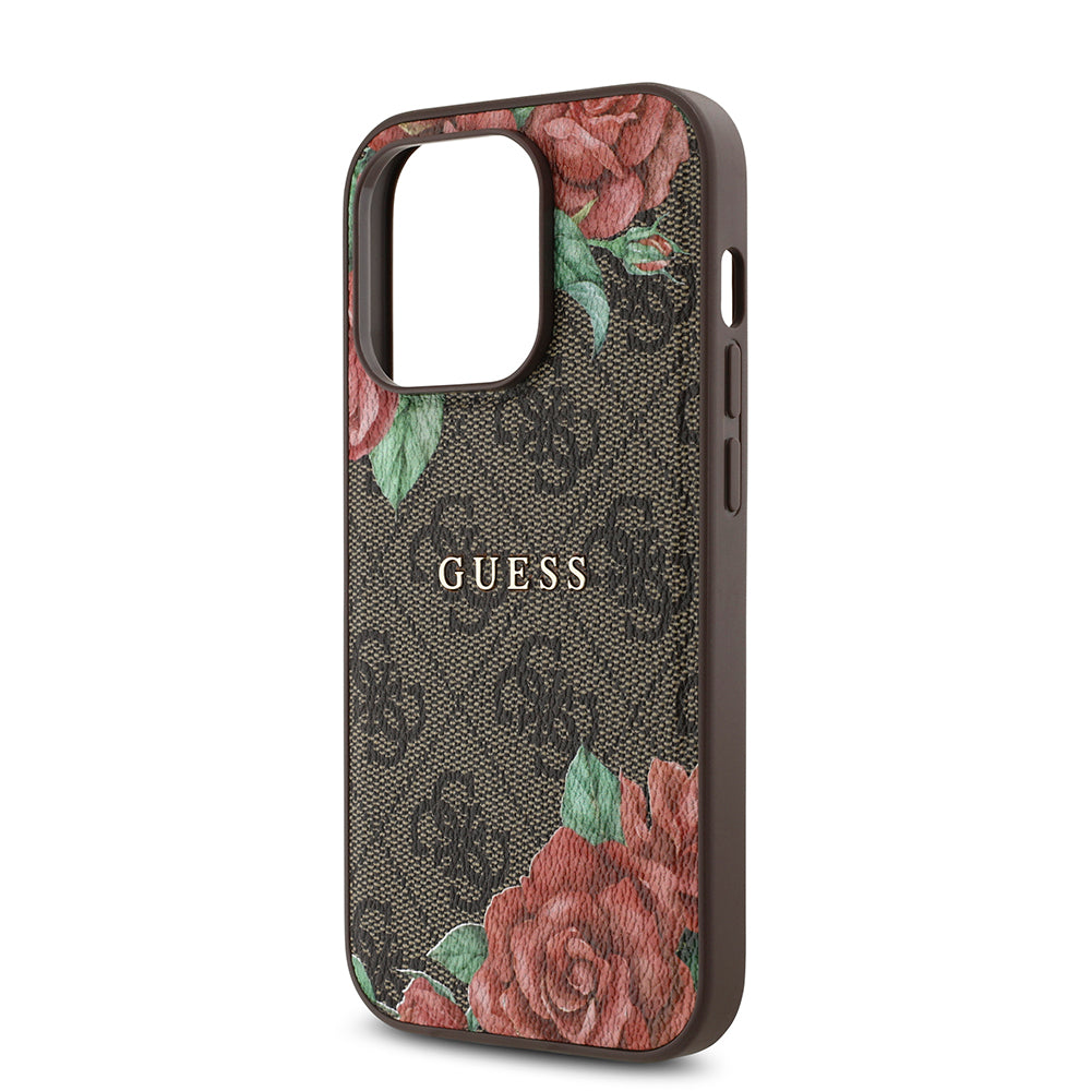 Apple iPhone 14 Pro Max Kılıf Guess Magsafe Uyumlu Gül Baskılı ve 4G Desenli Kapak Kahverengi