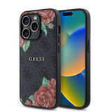 Apple iPhone 14 Pro Kılıf Guess Magsafe Uyumlu Gül Baskılı ve 4G Desenli Kapak Siyah