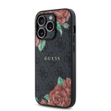 Apple iPhone 14 Pro Kılıf Guess Magsafe Uyumlu Gül Baskılı ve 4G Desenli Kapak Siyah