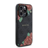 Apple iPhone 14 Pro Kılıf Guess Magsafe Uyumlu Gül Baskılı ve 4G Desenli Kapak Siyah