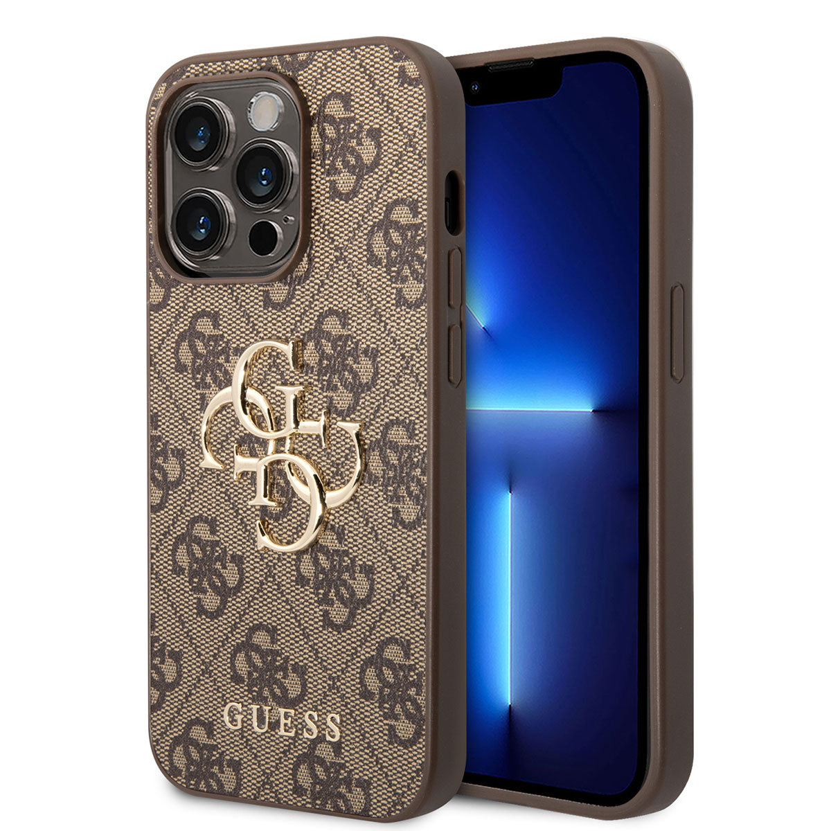 Apple iPhone 14 Pro Max Kılıf Guess PU Deri Büyük Metal Logo Dizaynlı Kapak Kahverengi