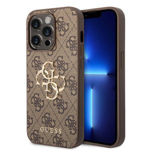 Apple iPhone 14 Pro Max Kılıf Guess PU Deri Büyük Metal Logo Dizaynlı Kapak Kahverengi
