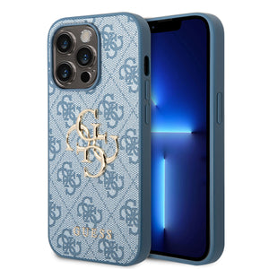 Apple iPhone 14 Pro Max Kılıf Guess PU Deri Büyük Metal Logo Dizaynlı Kapak Mavi