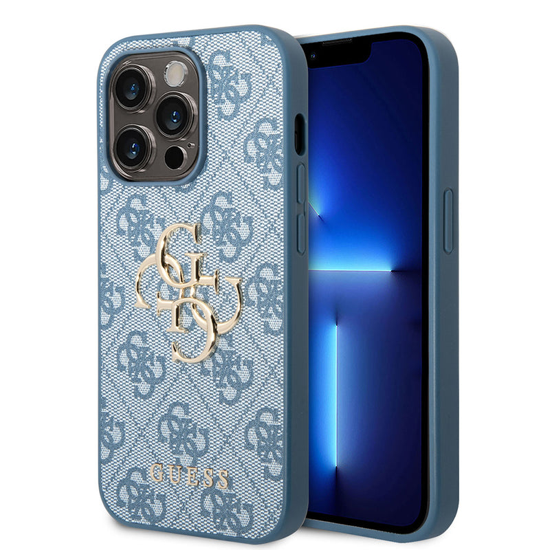 Apple iPhone 14 Pro Max Kılıf Guess PU Deri Büyük Metal Logo Dizaynlı Kapak Mavi