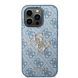 Apple iPhone 14 Pro Max Kılıf Guess PU Deri Büyük Metal Logo Dizaynlı Kapak Mavi