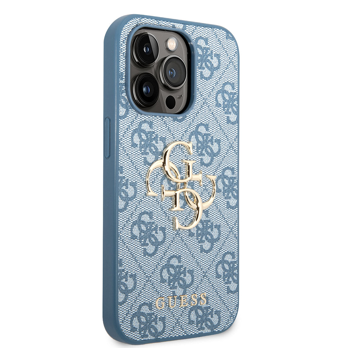 Apple iPhone 14 Pro Max Kılıf Guess PU Deri Büyük Metal Logo Dizaynlı Kapak Mavi