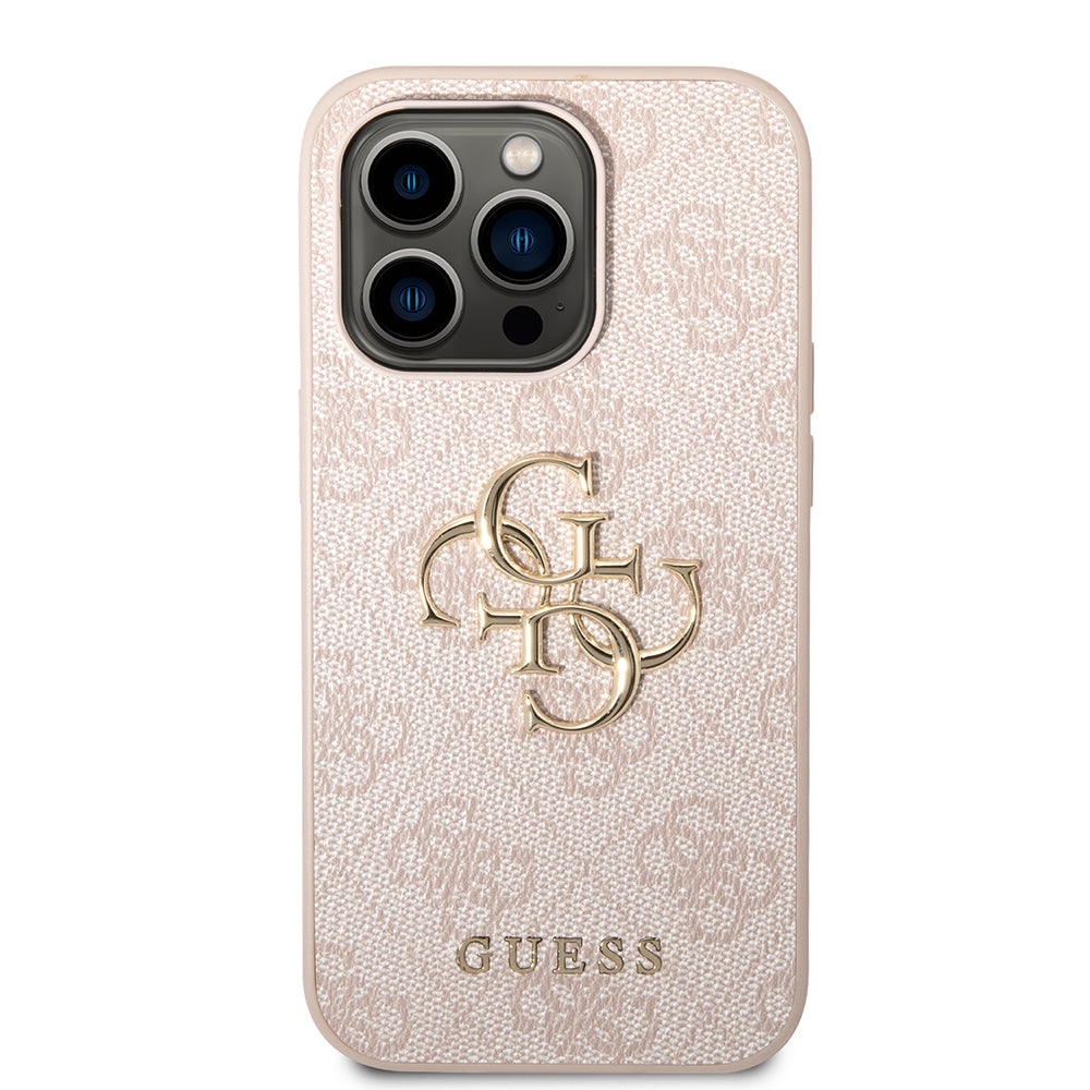 Apple iPhone 14 Pro Max Kılıf Guess PU Deri Büyük Metal Logo Dizaynlı Kapak Pembe