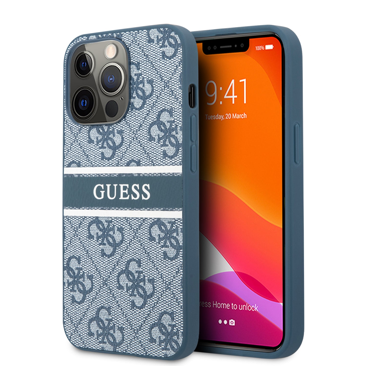 Apple iPhone 14 Pro Max Kılıf Guess PU Deri Çizgili Logo Dizaynlı Kapak Mavi