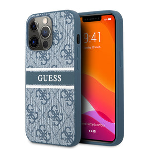 Apple iPhone 14 Pro Max Kılıf Guess PU Deri Çizgili Logo Dizaynlı Kapak Mavi