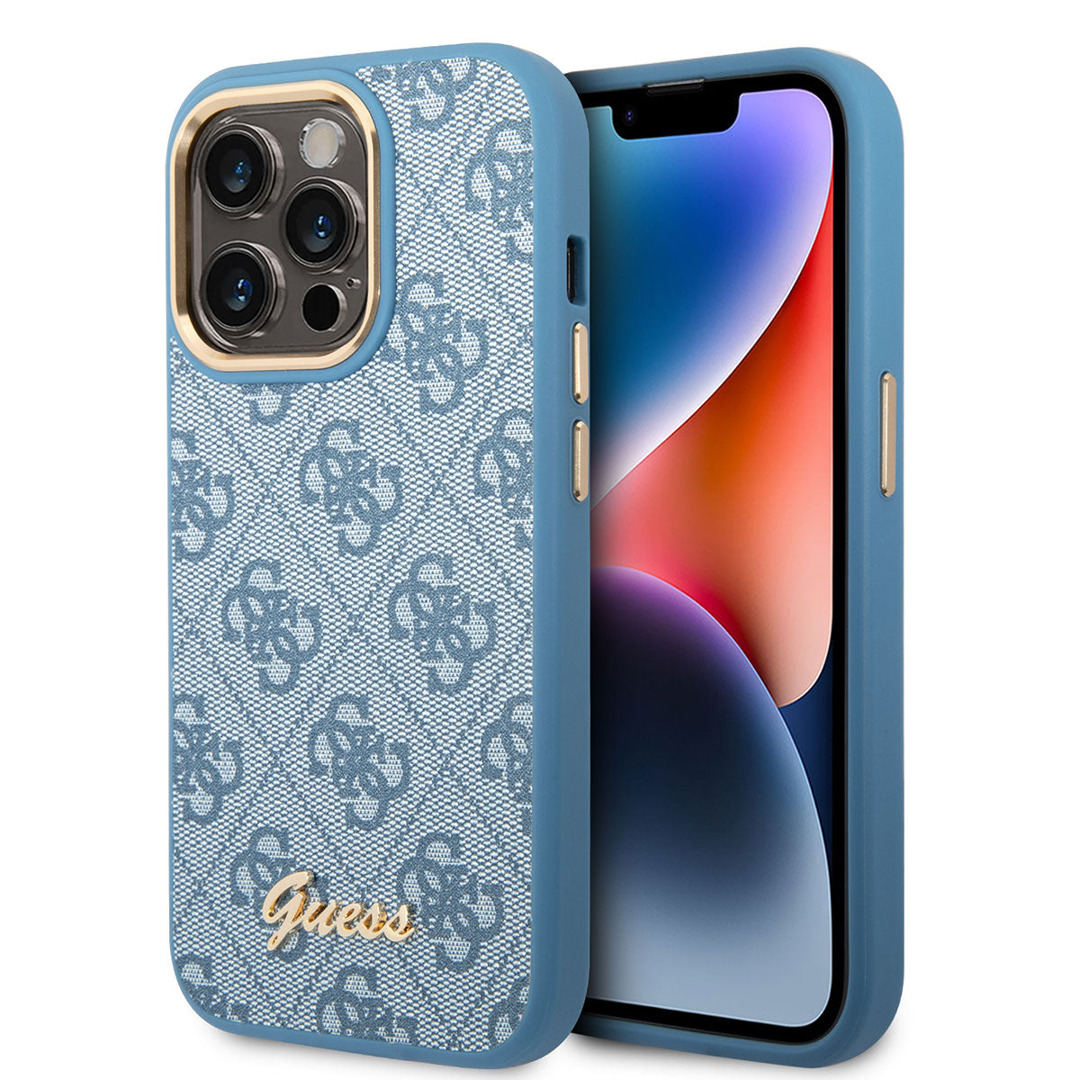 Apple iPhone 14 Pro Max Kılıf Guess PU Deri Metal Logo Dizaynlı Kapak Mavi