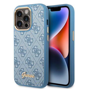 Apple iPhone 14 Pro Max Kılıf Guess PU Deri Metal Logo Dizaynlı Kapak Mavi