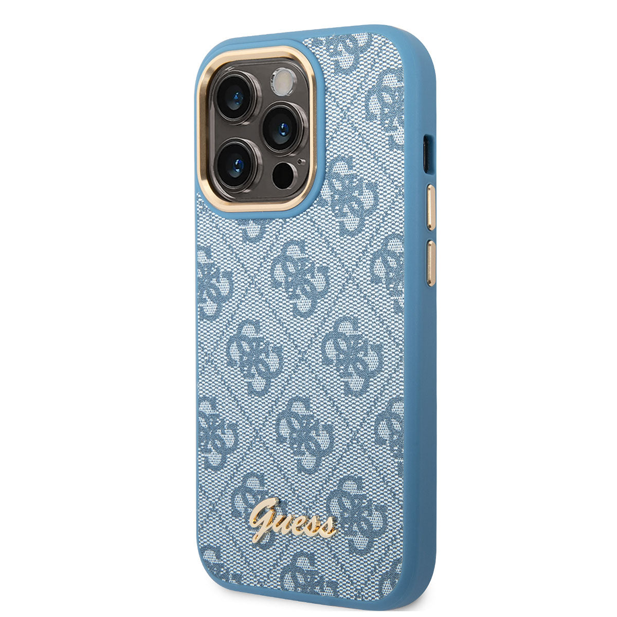 Apple iPhone 14 Pro Max Kılıf Guess PU Deri Metal Logo Dizaynlı Kapak Mavi