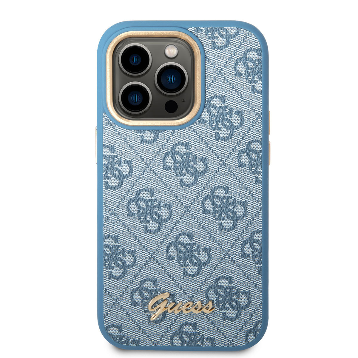 Apple iPhone 14 Pro Max Kılıf Guess PU Deri Metal Logo Dizaynlı Kapak Mavi