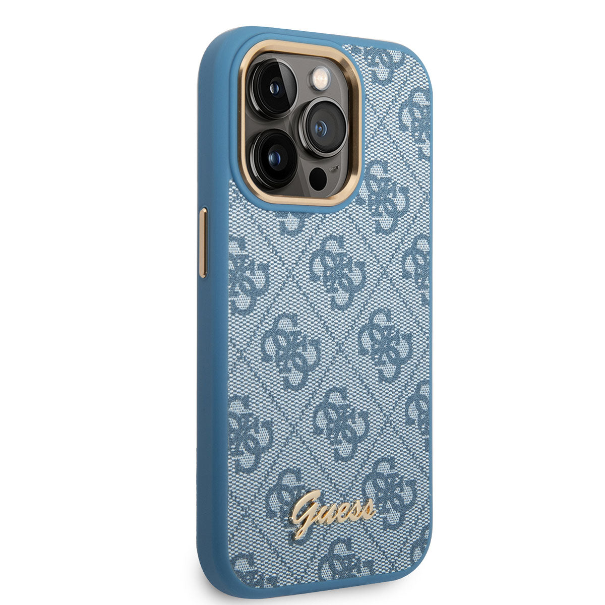 Apple iPhone 14 Pro Max Kılıf Guess PU Deri Metal Logo Dizaynlı Kapak Mavi