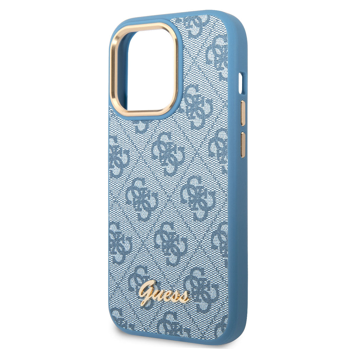 Apple iPhone 14 Pro Max Kılıf Guess PU Deri Metal Logo Dizaynlı Kapak Mavi