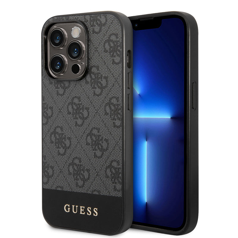 Apple iPhone 14 Pro Kılıf Guess PU Deri Şerit Logo Dizaynlı Kapak Siyah