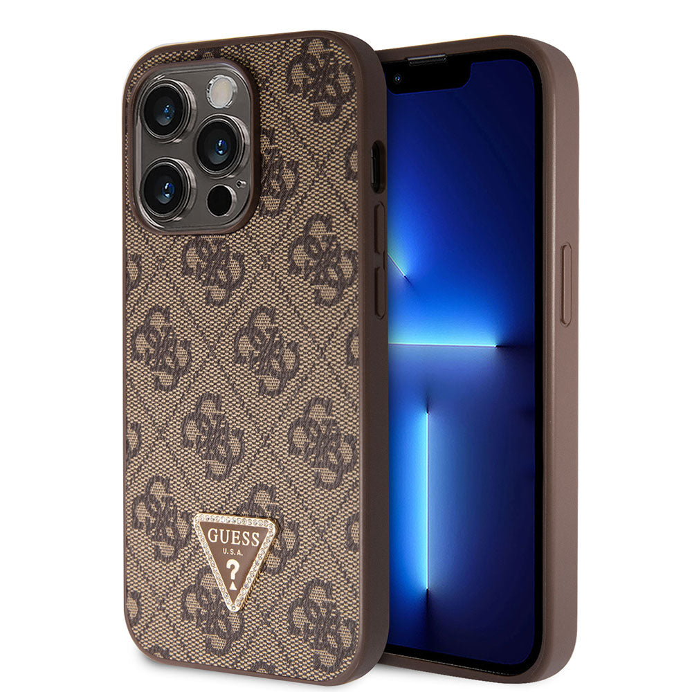 Apple iPhone 14 Pro Max Kılıf Guess PU Deri Taşlı Üçgen Logolu 4G Desenli Kapak Kahverengi